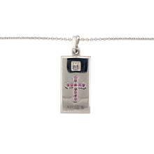 Load image into Gallery viewer, Preowned 9ct White Gold &amp; Ruby Set Cross Ingot Pendant on a 20&quot; faceted belcher chain with the weight 11.50 grams. The pendant is 3.6cm long including the bail
