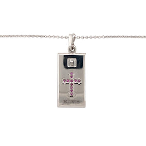 Preowned 9ct White Gold & Ruby Set Cross Ingot Pendant on a 20" faceted belcher chain with the weight 11.50 grams. The pendant is 3.6cm long including the bail