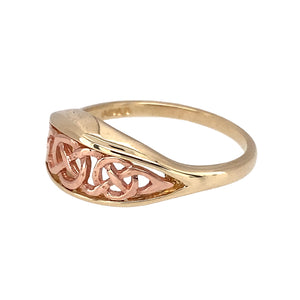 Preowned 9ct Yellow and Rose Gold Clogau Celtic Knot Ring (Queen Elenor Collection) in size L with the weight 2.30 grams. The front of the ring is 8mm high