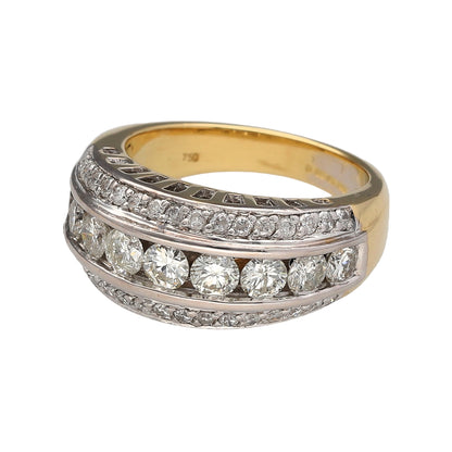 Preowned 18ct Yellow and White Gold & Diamond Set Three Row Band Ring in size K with the weight 9.40 grams. There ring is made up of small brilliant cut diamonds on the top and bottom and a larger row in the middle. There is approximately 1.50ct of diamond content in total at approximate clarity Si2 and colour M - N