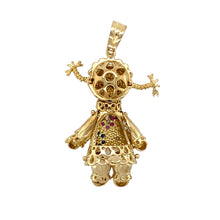 Load image into Gallery viewer, New 9ct Yellow Gold Rag Doll Pendant set with cubic zirconia stones for eyes and pink and blue stones to make a flower pattern. The pendant is 4.7cm long including the bail by 2.5cm. The weight of the pendant is 7.60 grams. The hair, legs, arms and head all move slightly on the pendant
