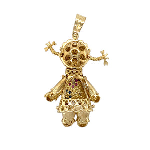 New 9ct Yellow Gold Rag Doll Pendant set with cubic zirconia stones for eyes and pink and blue stones to make a flower pattern. The pendant is 4.7cm long including the bail by 2.5cm. The weight of the pendant is 7.60 grams. The hair, legs, arms and head all move slightly on the pendant