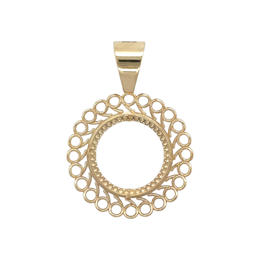New 9ct Yellow Gold Full Sovereign Fancy Mount Pendant with the weight 6.50 grams. The pendant is 5.1cm long including the bail by 3.6cm