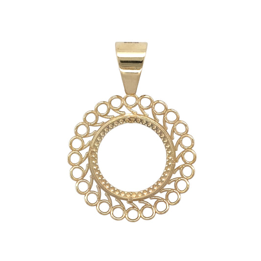 New 9ct Yellow Gold Full Sovereign Fancy Mount Pendant with the weight 6.50 grams. The pendant is 5.1cm long including the bail by 3.6cm