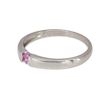 Load image into Gallery viewer, Preowned 9ct White Gold &amp; Pink Stone Set Band Ring in size L with the weight 1.60 grams. The pink stone is 3mm diameter
