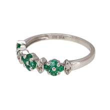 Load image into Gallery viewer, Preowned 9ct White Gold Diamond &amp; Emerald Set Band Ring in size M with the weight 1.60 grams. The band is approximately 5mm wide at the front
