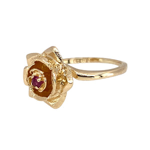 Preowned 9ct Yellow Gold & Ruby Set Rose Ring in size H with the weight 2.80 grams. The front of the ring is 12mm high and the ruby is 2mm diameter