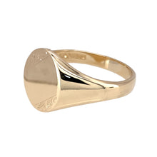 Load image into Gallery viewer, Preowned 9ct Yellow Gold Patterned Oval Signet Ring in size X with the weight 6.90 grams. The front of the ring is 14mm high
