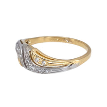 Load image into Gallery viewer, Preowned 18ct Yellow and White Gold &amp; Diamond Set Split Wave Band Ring in size N with the weight 2.70 grams. The front of the ring is 6mm high
