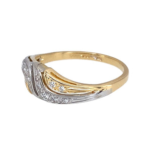 Preowned 18ct Yellow and White Gold & Diamond Set Split Wave Band Ring in size N with the weight 2.70 grams. The front of the ring is 6mm high