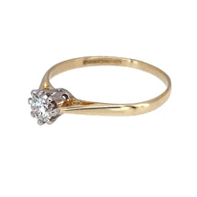 Load image into Gallery viewer, Preowned 9ct Yellow and White Gold &amp; Diamond Set Solitaire Ring in size L with the weight 1 gram. The brilliant cut diamond is approximately 28pt with approximate clarity Si and colour K - M
