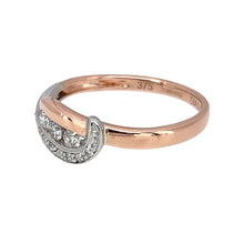 Load image into Gallery viewer, Preowned 9ct White and Rose Gold &amp; Diamond Set Swirl Ring in size J to K with the weight 1.30 grams. The front of the ring is 5mm high
