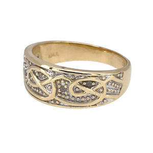 Preowned 9ct Yellow and White Gold & Diamond Set Celtic Knot Wide Band Ring in size T with the weight 6 grams. The front of the band is 9mm high