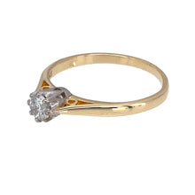 Load image into Gallery viewer, Preowned 9ct Yellow and White Gold &amp; Diamond Set Solitaire Ring in size O with the weight 1.80 grams. The brilliant cut diamond is approximately 25pt with approximate clarity i1 and colour K - M
