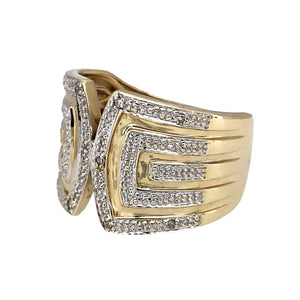 Preowned 9ct Yellow and White Gold & Diamond Set Wide Warp Around Ring in size O with the weight 5.20 grams. The front of the ring is 15mm high
