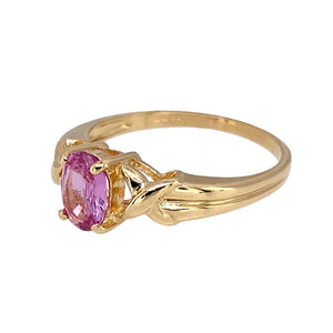 Preowned 18ct Yellow Gold & Pink Sapphire Set Ring in size N with the weight 3 grams. The pink sapphire stone is 7mm by 5mm