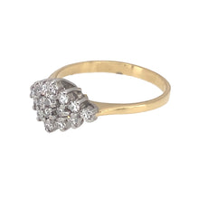 Load image into Gallery viewer, Preowned 18ct Yellow and White Gold &amp; Diamond Set Cluster Ring in size K to L with the weight 2.20 grams. The front of the cluster is 8mm high and it contains approximately 13pt diamond content
