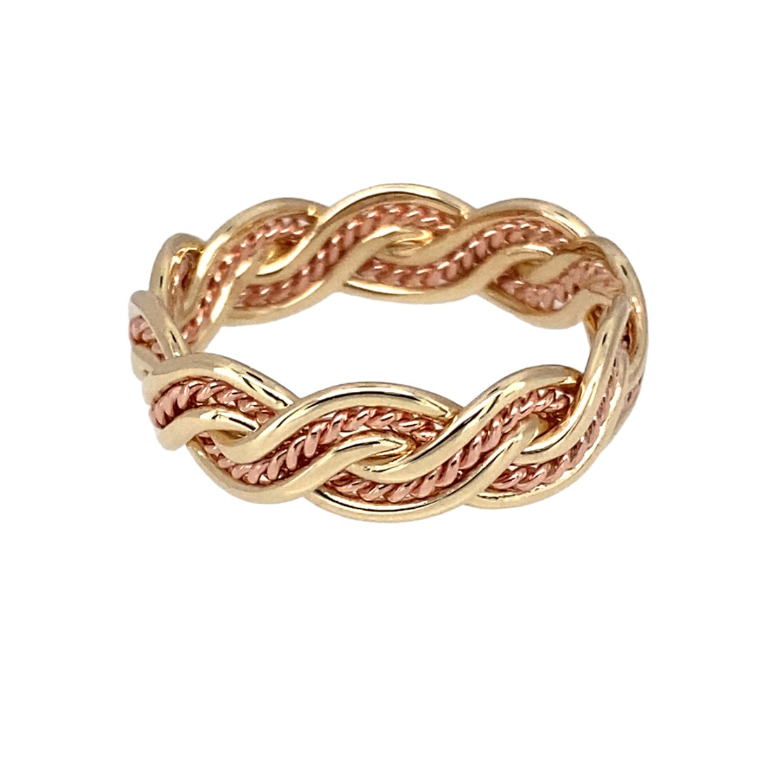 Preowned 9ct Yellow and Rose Gold Clogau Twisted Band Ring in size N with the weight 3 grams. The band is 6mm wide
