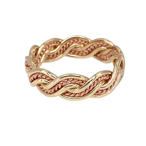 Preowned 9ct Yellow and Rose Gold Clogau Twisted Band Ring in size N with the weight 3 grams. The band is 6mm wide