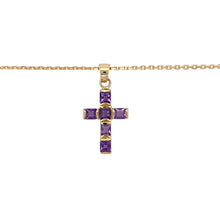 Load image into Gallery viewer, Preowned 18ct Yellow Gold &amp; Amethyst Set Cross Pendant on an 18&quot; trace chain with the weight 8.60 grams. The pendant is 3.3cm long including the bail and the amethyst stones are each 4mm by 4mm
