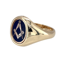 Load image into Gallery viewer, Preowned 9ct Yellow Gold Blue Masonic and Plain Swivel Oval Signet Ring in size S with the weight 8.50 grams. The front of the ring is 15mm high
