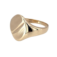 Load image into Gallery viewer, Preowned 9ct Yellow Gold Patterned Oval Signet Ring in size T with the weight 5.90 grams. The front of the ring is 15mm high
