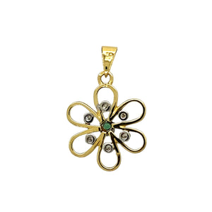 Preowned 9ct Yellow and White Gold Green Stone & Cubic Zirconia Flower Pendant with the weight 3.20 grams. The green stone (possibly an emerald) is 3mm diameter