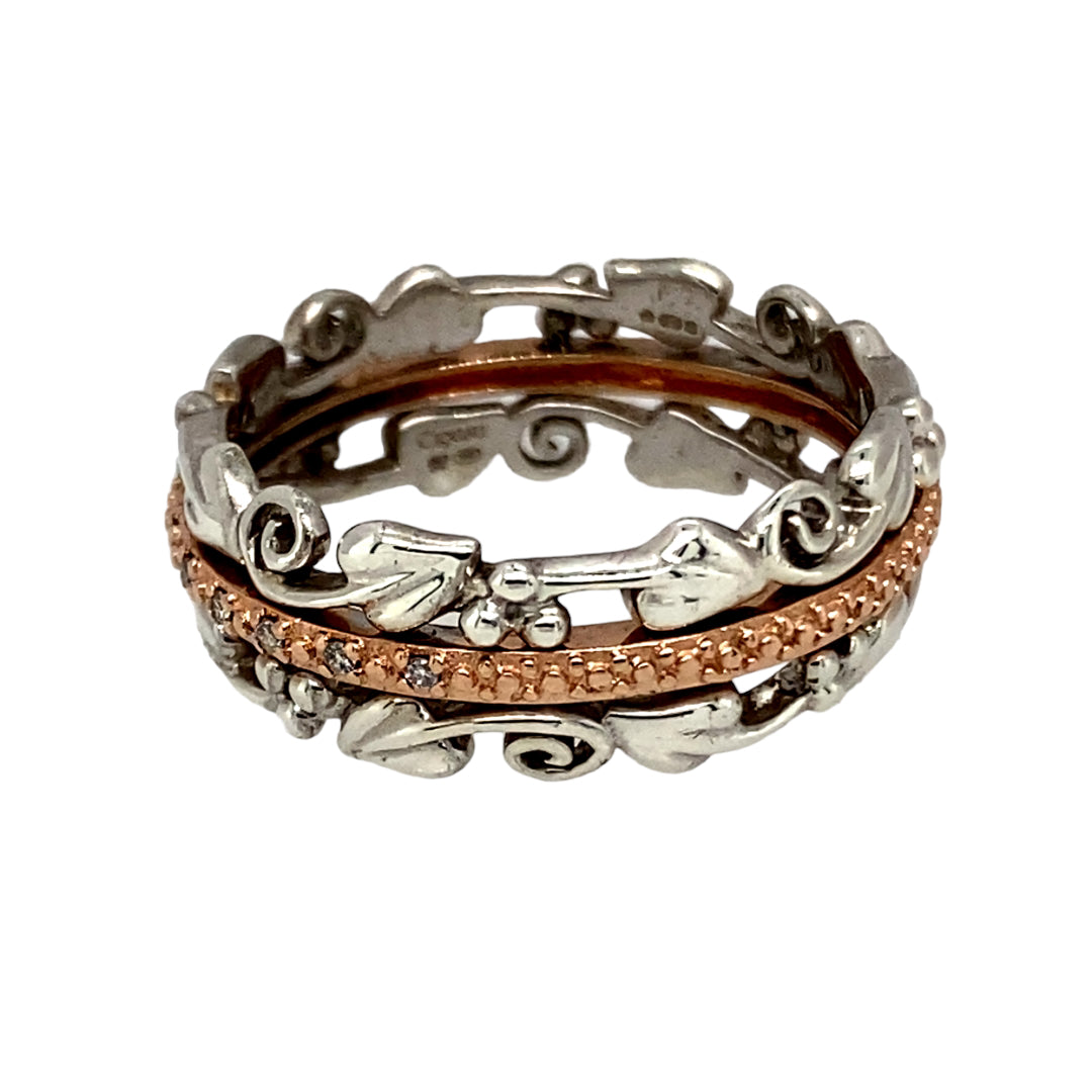 Preowned 925 Silver and 9ct Rose Gold & Diamond Set Clogau Tree of Life Band Ring in size P with the weight 4.30 grams. The band is 8mm wide