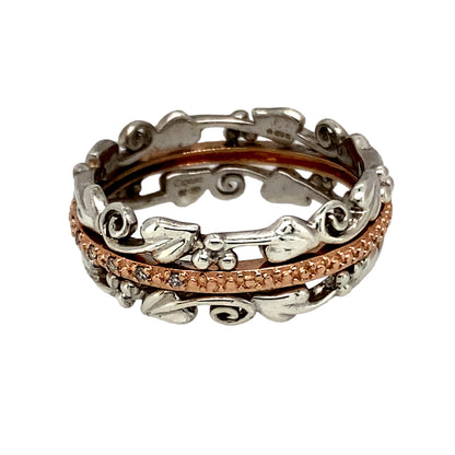 Preowned 925 Silver and 9ct Rose Gold & Diamond Set Clogau Tree of Life Band Ring in size P with the weight 4.30 grams. The band is 8mm wide