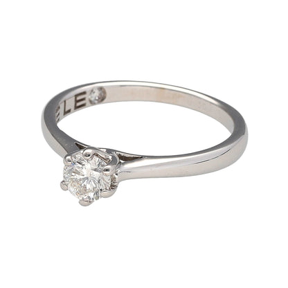 Preowned 18ct White Gold & Diamond Set Solitaire Ring in size J with the weight 2.20 grams. The brilliant cut diamond is approximately 36pt and is six claw set. The diamonds are approximate clarity Si1 and colour J - K 