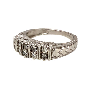 Preowned 14ct White Gold & Diamond Set Double Row Band Ring in size M to N with the weight 4.10 grams. There are approximately 30pt of diamond content in total at approximate clarity i2 and colour K - M