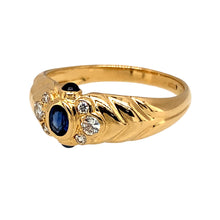 Load image into Gallery viewer, Preowned 18ct Yellow Gold Diamond &amp; Sapphire Set Antique Style Ring in size M with the weight 3.30 grams. The center sapphire stone is 4mm by 3mm

