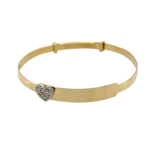 New 9ct Gold & Cubic Zirconia Set Heart ID Expander Baby Bangle