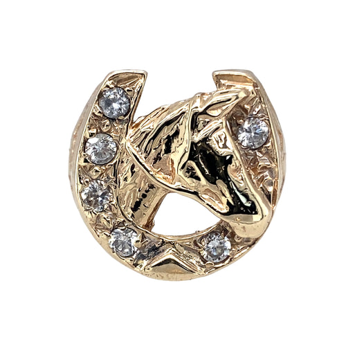 9ct Gold & Cubic Zirconia Set Horse Shoe & Horse Head Ring
