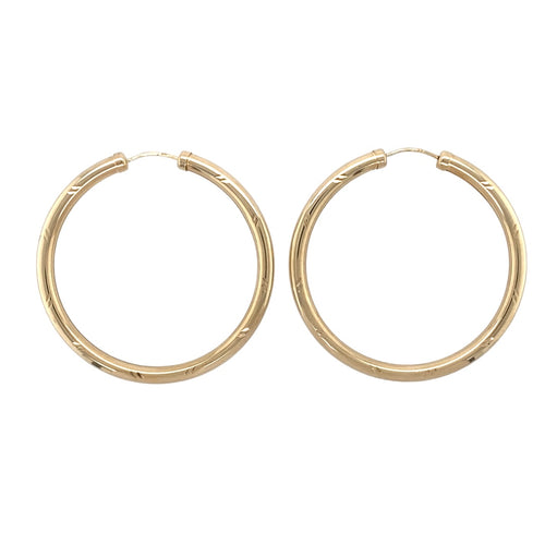 9ct Gold Patterned Hollow Tube Hoop Creole Earrings