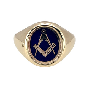 9ct Gold Blue Masonic Swivel Oval Signet Ring