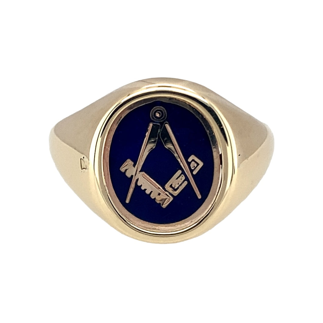 9ct Gold Blue Masonic Swivel Oval Signet Ring