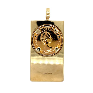 Preowned 9ct Yellow Gold Tag Mount Pendant with 22ct Gold Full Sovereign with the weight 20.40 grams. The full sovereign coin is from 1974