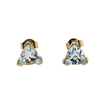 Load image into Gallery viewer, Preowned 9ct Yellow Gold &amp; Cubic Zirconia Set Triangle Stud Earrings with the weight 1.20 grams. The stones are each 6mm by 6mm by 6mm
