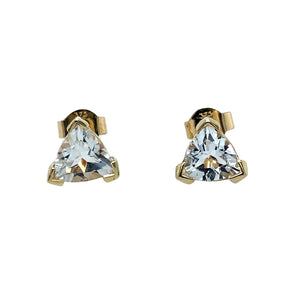 Preowned 9ct Yellow Gold & Cubic Zirconia Set Triangle Stud Earrings with the weight 1.20 grams. The stones are each 6mm by 6mm by 6mm
