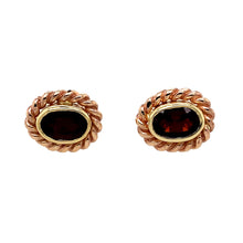 Load image into Gallery viewer, Preowned 9ct Yellow and Rose Gold &amp; Garnet Clogau Stud Earrings with the weight 3.80 grams. The garnet stones are each 7mm by 4mm
