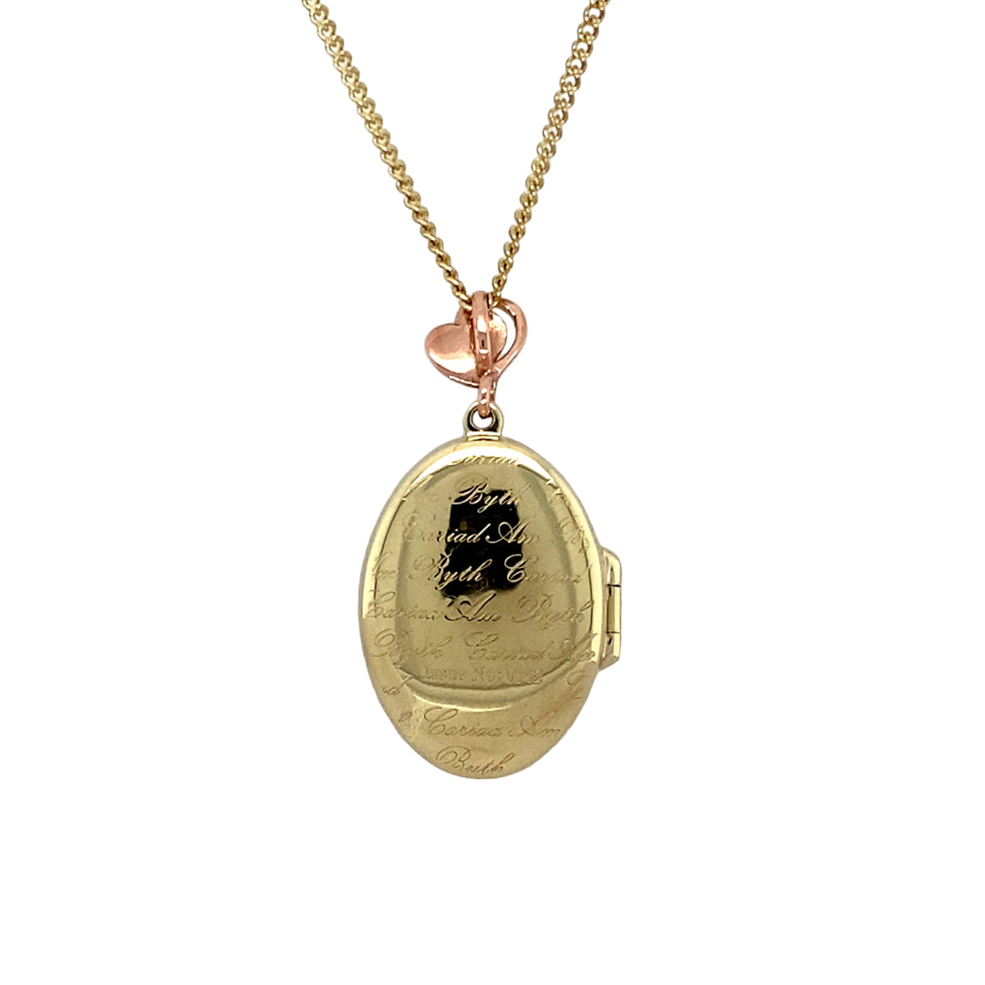 Preowned 9ct Yellow and Rose Gold & Diamond Set Clogau Oval Tree of Life Locket on an 18" Clogau gold curb chain with the weight 7.30 grams. The pendant is 3.2cm long including the bail and the locket space is approximately 22mm by 15mm. The back of the locket says 'Cariad am Byth' which means 'Love Forever'