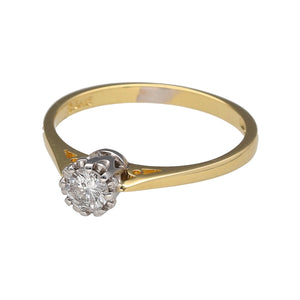 Preowned 18ct Yellow and White Gold & Diamond Set Solitaire Ring in size O with the weight 2.50 grams. The diamond is approximately 25pt with approximate clarity Si2 and colour K - M