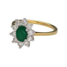 Load image into Gallery viewer, New 18ct Yellow and White Gold Diamond &amp; Emerald Cluster Ring in size N with the weight 4.10 grams. The emerald stone is 7mm by 5mm and there is approximately 76pt of diamond content in total
