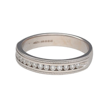 Load image into Gallery viewer, Preowned 18ct White Gold &amp; Diamond Set Beaded Edge Half Eternity Band Ring in size P with the weight 4.40 grams. The band is 4mm wide and contains approximately 13pt - 15pt of diamond content
