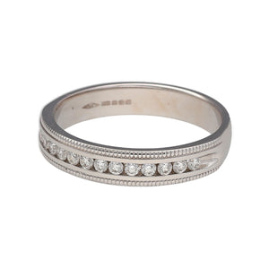 Preowned 18ct White Gold & Diamond Set Beaded Edge Half Eternity Band Ring in size P with the weight 4.40 grams. The band is 4mm wide and contains approximately 13pt - 15pt of diamond content