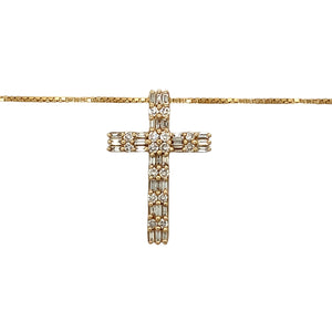 Preowned 14ct Yellow Gold & Diamond Set Cross Pendant on an 18ct Gold 20" box chain with the collective weight 8.40 grams. The cross pendant is set with straight cut baguette and brilliant cut diamonds at approximate 1.8ct of diamond content in total. The diamonds are approximate clarity Si2 - i1 and colour M - O. The pendant is 2.9cm by 2cm