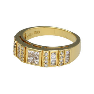 Preowned 18ct Yellow Gold & Diamond Set Band Ring in size M with the weight 6.60 grams. The band is made up of princess, brilliant and baguette cut diamonds set in a 6mm wide heavy band ring