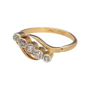 Preowned 18ct Yellow and White Gold & Diamond Antique Five Stone Twist Ring in size N with the weight 2.60 grams. The front of the ring is approximately 8mm wide