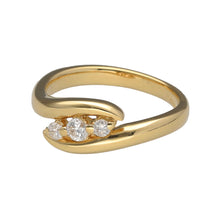 Load image into Gallery viewer, Preowned 18ct Yellow Gold &amp; Diamond Set Twist Trilogy Ring in size L with the weight 4.80 grams. The front of the ring is 7mm high. There is approximately 20pt of diamond content in total with approximate clarity i1
